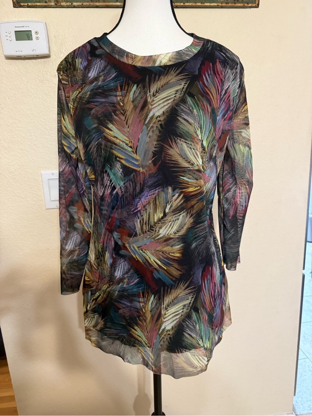 VTG Elana Kattan Multicolor Peacock Feather Sheer Mesh L Top Blouse Aesthetic